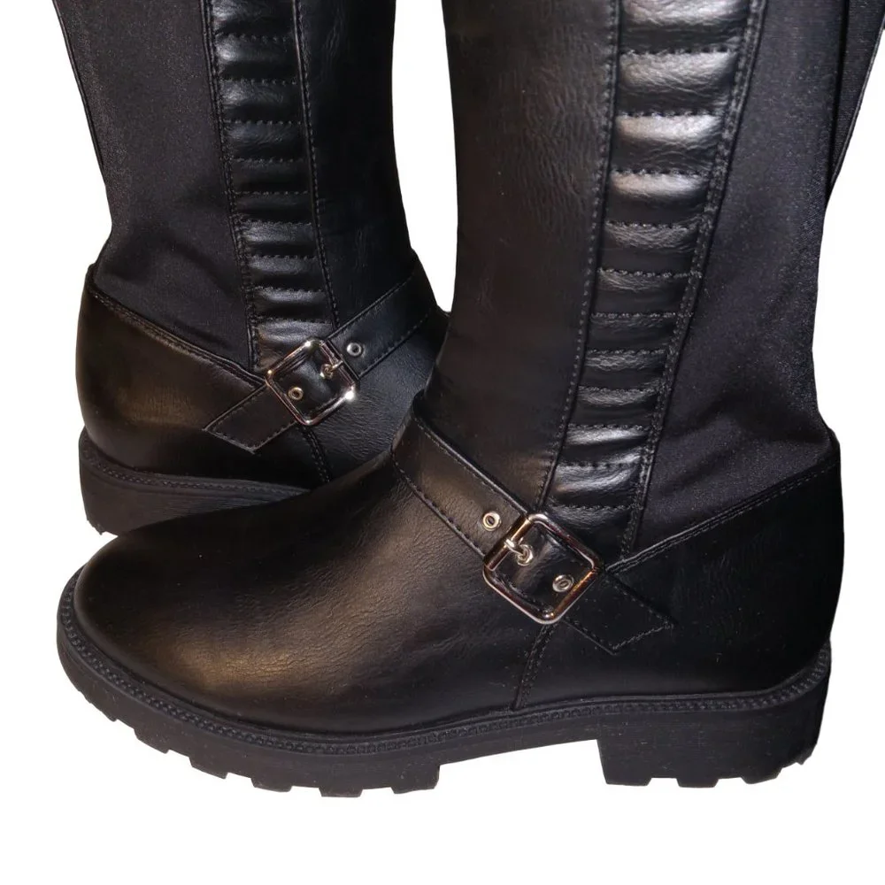 Urmi Riding Boots Buckle Black Faux-Leather size 7.5 7-½